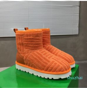 Botines de piel de oveja de tela de algodón naranja de invierno, botines planos de nieve con punta redonda, botines térmicos, zapatos de marca de diseñadores de lujo