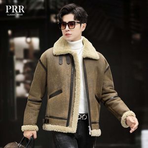 Manteau d'hiver Original écologique en cuir et fourrure intégré pour homme, combinaison volante B3, col rabattable, veste courte épaisse RS8N