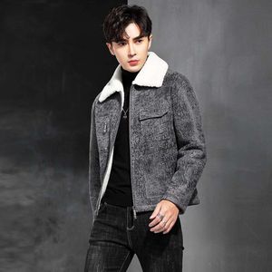 POEI – manteau d'hiver Original en cuir et fourrure écologiques intégrés pour hommes, col court à rabat, vêtements de moto pour jeunes