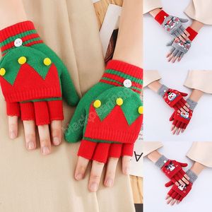 Guantes de invierno para exteriores cálidos con tapa, guantes de estilo navideño con estampado de punto, manoplas de medio dedo, guantes gruesos con patrón de Papá Noel para mujer