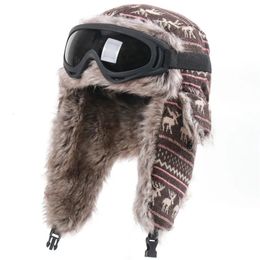 Winter buiten winddichte ski cap mannen vrouwen verdikt oorluchthelm kerstherten plus fluweel warme hoed met bril 231221