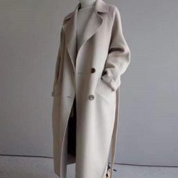 Winter bovenkleding jas vrouwen brede reversgordel pocket wollen blend jas oversized lange grench outparden wollen dames