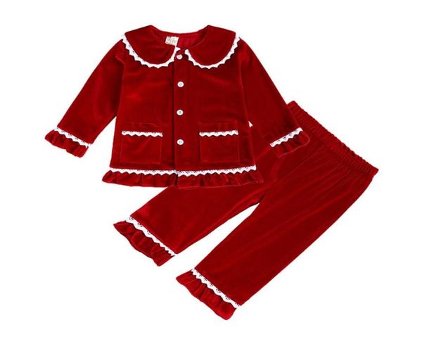 Pajamas de invierno Boutique de terciopelo tela roja para niños rojos pjs con encaje para niños fijados pijamas niña para bebés dreamwear12166682