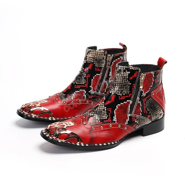 Hiver fête hommes chaussures rouge serpent motif en cuir véritable bottines mâle bout carré bottes formelles Club bottes courtes