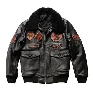 Winter Pilot Bomber Borduren G1 Lam bontkraag Katoenen Kleding Heren Zwart Echt Leren Jas Koeienhuid Jassen 240309