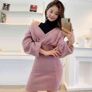 Winter Roze Breien Koreaanse Dames Sexy Lange Mouw Off Shoulder Party Tight Sweater Jurk voor Dameskleding 210602