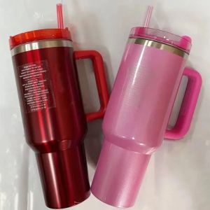 Hiver ROSE Shimmery ÉDITION LIMITÉE Gobelets de 40 oz 40 oz Shimmer Holiday Tasses rouges Couvercle Paille Grande capacité Bouteille d'eau de bière 0324