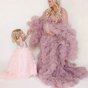 Vestido de maternidad con volantes de tul rosa de invierno, ilusión para sesión de fotos, fotografía de mujeres embarazadas, Kimono, bata de fiesta de noche, albornoz, ropa de dormir