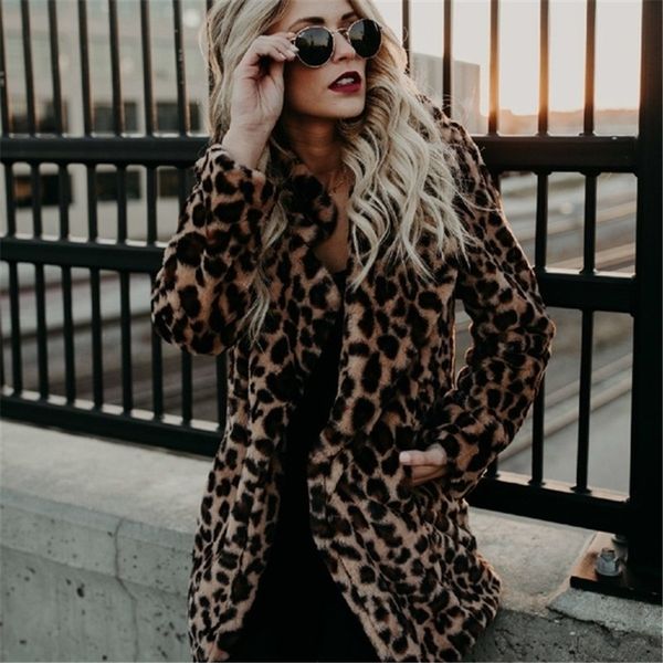 Hiver grande taille léopard moelleux cheveux veste Cardigan Faux chaud long manteau de fourrure Cape femmes
