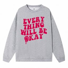 Hiver Plus Size Femme Sweat Tout ira bien Happy Face Print Prints Sweats à capuche en polaire Pulls doux Vêtements chauds 13dV #