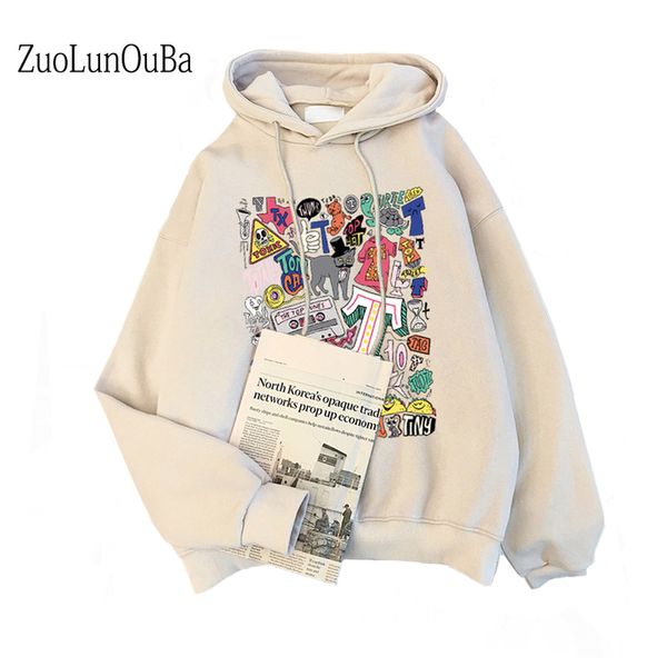 Invierno más terciopelo mujer ropa de manga larga estampado desordenado Comics Harajuku mujeres sudaderas con capucha sudadera moda bolsillo señora pulóver 220818