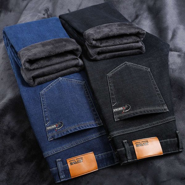 Jeans d'hiver épais et pelucheux pour hommes, pantalons longs chauds pour hommes d'âge moyen, vêtements en Denim d'affaires de grande taille pour hommes