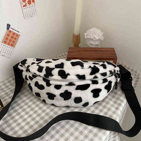 Riñonera de felpa de invierno para mujer, diseño de leopardo, riñonera con estampado de leche de vaca, pecho suave y cálido, cintura de piel, cadena femenina J220705