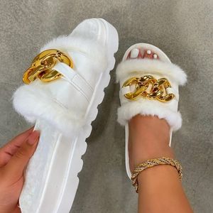 Winter pluche slippers open teen vaste kleur sandalen metalen ketting buiten casual dames modeschoenen 230203