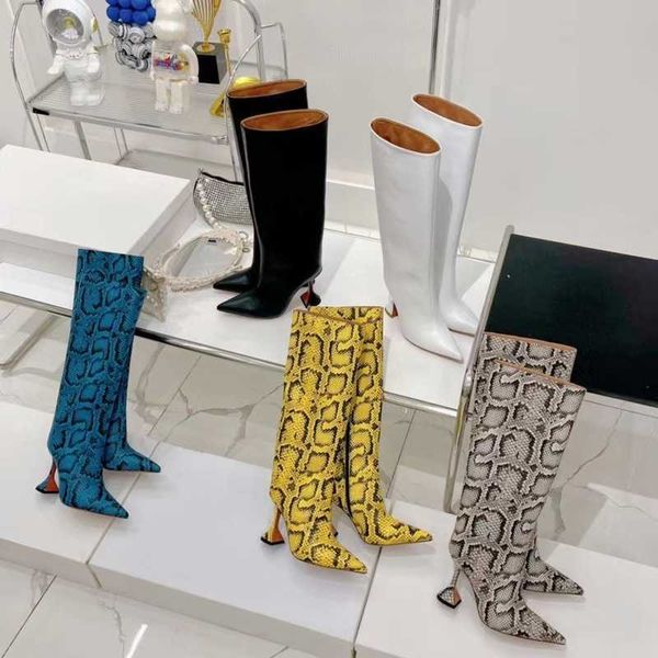 Botas de invierno con punta estrecha y tacón de copa de vino, botas de tacón alto con estampado de serpiente, botas sexis de talla grande con estribo de un pie, botas de mujer a la moda 122823a