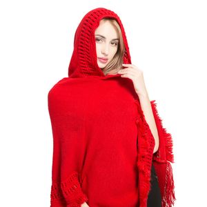 Poncho d'hiver pour femmes couleur unie tricot cachemire cape à capuche mode gland châle femme cape ponchos et capes garder au chaud 1234466