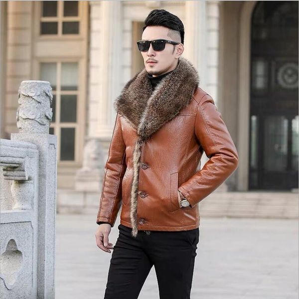 Hiver fourrure de raton laveur veste en cuir hommes grande taille 6XL vestes en cuir suédé vraie fourrure épaisse chaude longue veste en daim vêtements