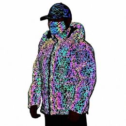 Winter Regenboog Kleur Reflecterende Jas Heren Esdoornblad Reflecterende Warme Kapmantel Plus Size Chaquetas Hombre N6d5 #