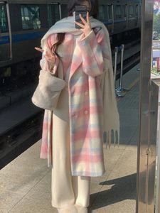 Hiver arc-en-ciel manteaux de laine femmes décontracté chaud lâche Plaid longs manteaux femme coréenne mode bureau dame Trench vestes Y2k 240127