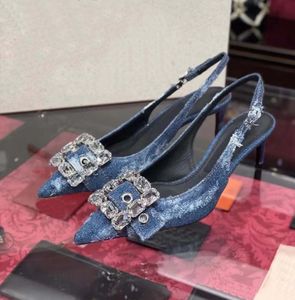Femmes Jeans Designer Sandales Mode Strass Boucles En Cuir Véritable Talons Hauts Spectacle De Luxe Robe De Mariée Chaussures Taille 35-42