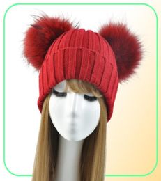 Winter Real Fur Ball Beanie Hat For Women Ladies y Double Natural Raccoon Fur Pom Pom Skullies Beanie Hat met 2 Pompom6072864