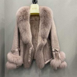 Abrigo de piel real de invierno Piel de conejo genuina Chaquetas de cuero y piel con cuello de piel natural Señoras Outwear Oversize 211019