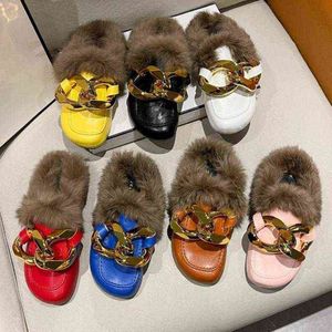 Invierno Real Fur Metal Chain Mulas Zapatos de mujer Mocasines Punta redonda Casual Furry Slides Fluffy Flip Flops Ytmtloy Flat With Zapato Y220214