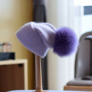 Winter Real Rabbit Fur Knitted Beanies For Women Fashion Solid Warm fox fur pompom hat Beanies Female Three Fold Thick Hats
