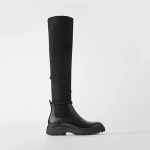 Plateforme rétro d'hiver Femmes Boots d'automne Chaussures Chaussures sur le genou High Elastic Botas Mujer Genue En cuir za 35