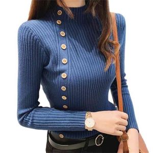 Invierno acanalado botón mujeres jerseys algodón manga larga colegiala cuello alto suéteres otoño suave cómodo estiramiento puentes 210914