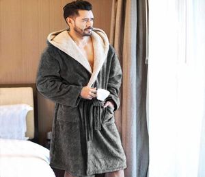 Robe d'hiver hommes corail velours chaud peignoir confort gris longue à capuche Robe de bain maison vêtements hommes sommeil Robes épaisse Robe de chambre 202140213