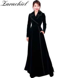 Hiver piste Designer femmes Vintage col cranté Wrap noir velours Maxi épais chaud Long Trench manteau Outwear 210416