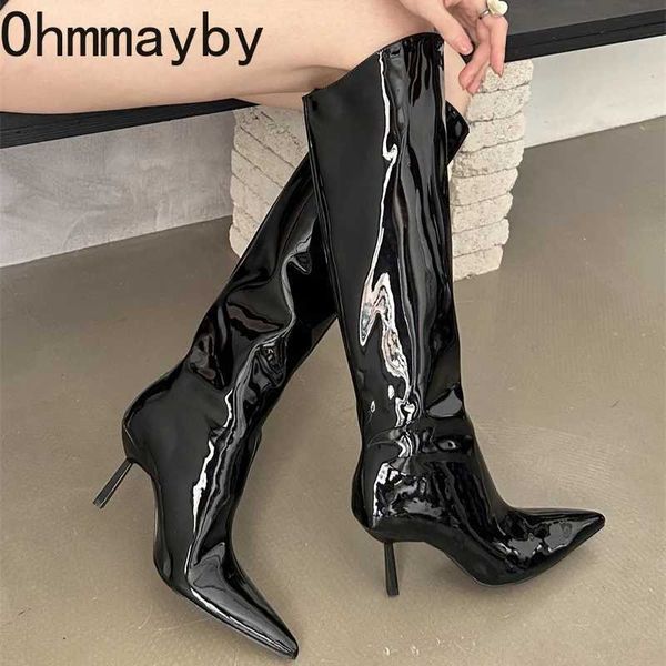 Botas sexis de tacón alto para mujer, Botas Largas de charol a la moda para mujer, botas elegantes sin cordones hasta la rodilla, zapatos de tacón con punta estrecha