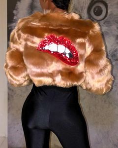 Winter sexy mond print faux bontjas voor vrouwen manteau luxe elegante lange mouw losse femme winter bont jas 210415
