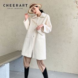 Winter shearling lange bontjas dikke fleece jas vrouwen knop fuzzy faux beige koreaanse bovenkleding 210427