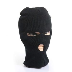 Masque de Ski d'hiver à trois trous, couleur unie tricoté en acrylique pour hommes et femmes, pull chaud, chapeau de tête 584719