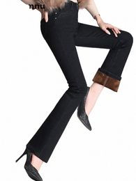 Pantalons en denim pour femmes chaudes d'hiver grande taille 26-34 Jeans évasés en peluche doublé taille haute Vaqueros épaissir Vintage Bell-bottoms c6QZ #
