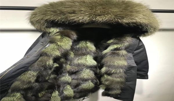 Chaquetas de nieve de invierno, abrigos para mujer, adorno de piel de mapache verde militar, forro de piel de zorro verde militar plateado, parkas de pieles largas negras 3717147