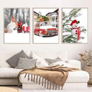 Winter Snow Landschap Afbeelding Canvas schilderen Wall Art Pine Red Car Gold Train Poster en Print voor Home Kerstcadeau Decor