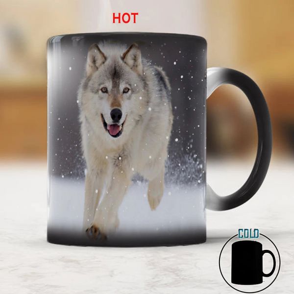 Winter Snow Wolf Animal Café Sensitive Coffee taza 350ml Magia Color Color Cambio de té tazas