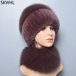 Hiver doux chaud femmes réel Rex fourrure de lapin écharpe chapeau chaud réel casquette anneau châle naturel fourrure de renard écharpes chapeaux
