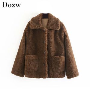 Hiver solide Teddy femmes manteau décontracté épais chaud fausse fourrure veste poche simple boutonnage polaire Outwear manteaux 210515