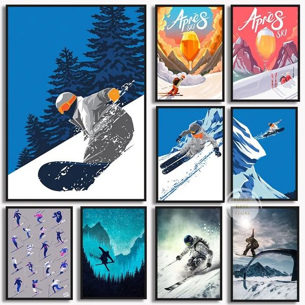 Invierno Sports Skiing Carteles y estampados Vintage Lienzo de esquí Pintura Arte de pared de snowboard para sala de estar Decoración del hogar sin marco wo6