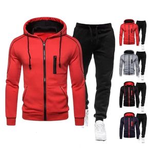 Vêtements de sport d'hiver élégants pour hommes, 2 pièces, vêtements de sport d'automne, sweat-shirt à capuche, manteau, pantalon de jogging, ensemble avec fermeture éclair et patte élastique 240202