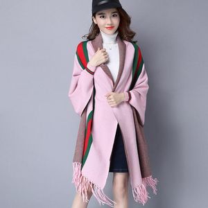 hiver printemps femmes chaud et épaissi cape châle manteau filles couleur rose à manches longues rayure cape jacquard gland avec veste châle extérieure vêtements d'extérieur