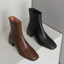 Winter Vierkante Neus Vrouw Enkellaarsjes Mode Ritsen Dames Elegante Dikke Hoge Hak Korte Schoenen Zwart Dames Boten 240202