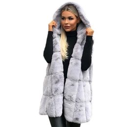 Style d'hiver lâche décontracté femmes chaud gilet couleur unie sans manches à capuche fourrure Cardigan vestes mode 211220