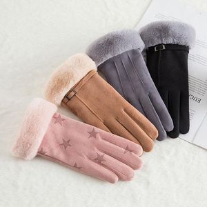 Winter suede lederen vrouwen handschoenen touchscreen plus faux bont full vinger fluwelen hand warmedriving outdoor sport mittens1