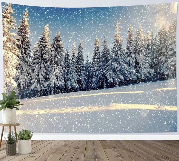 Tapisserie d'hiver forêt de pin enneigé tapisserie lever du soleil paysage naturel tapisserie tenture murale décor pour chambre salon dortoir 240304