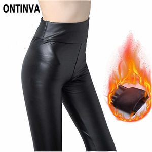 Hiver épais polaire PU Leggings en cuir PU Femmes Plus Taille 3XL Taille haute Taille Jerggings élastiques chaudes Black Legins Fashion Panneau maigre 210527